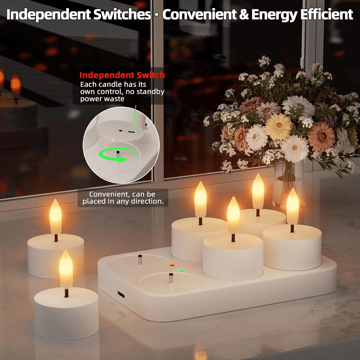 🕯️ Rechargeable Flameless LED Tea Lights – Flickering Candles with Charging Station & Remote