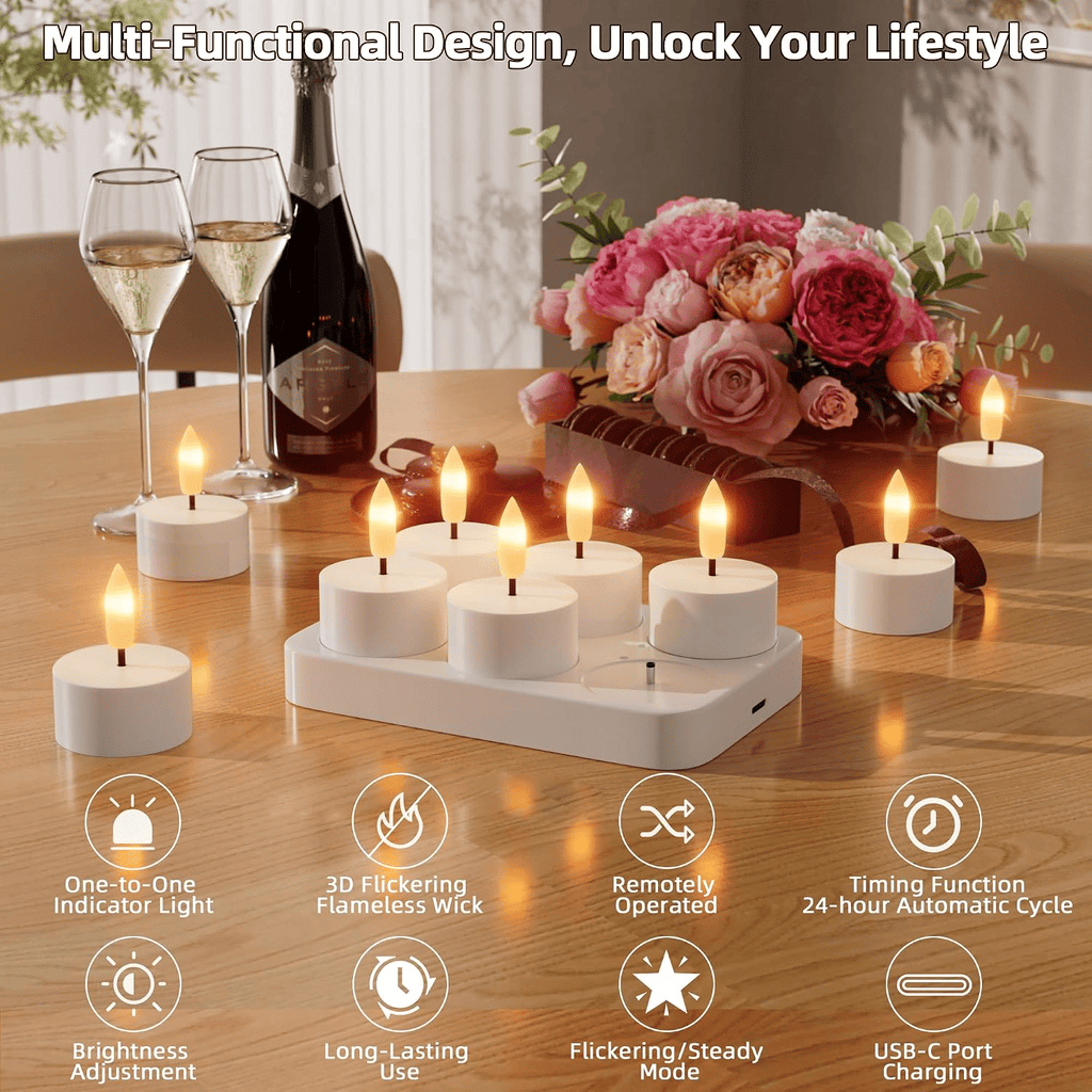 🕯️ Rechargeable Flameless LED Tea Lights – Flickering Candles with Charging Station & Remote