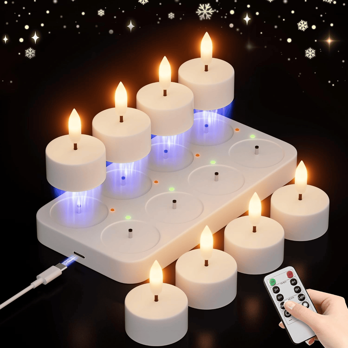 🕯️ Rechargeable Flameless LED Tea Lights – Flickering Candles with Charging Station & Remote