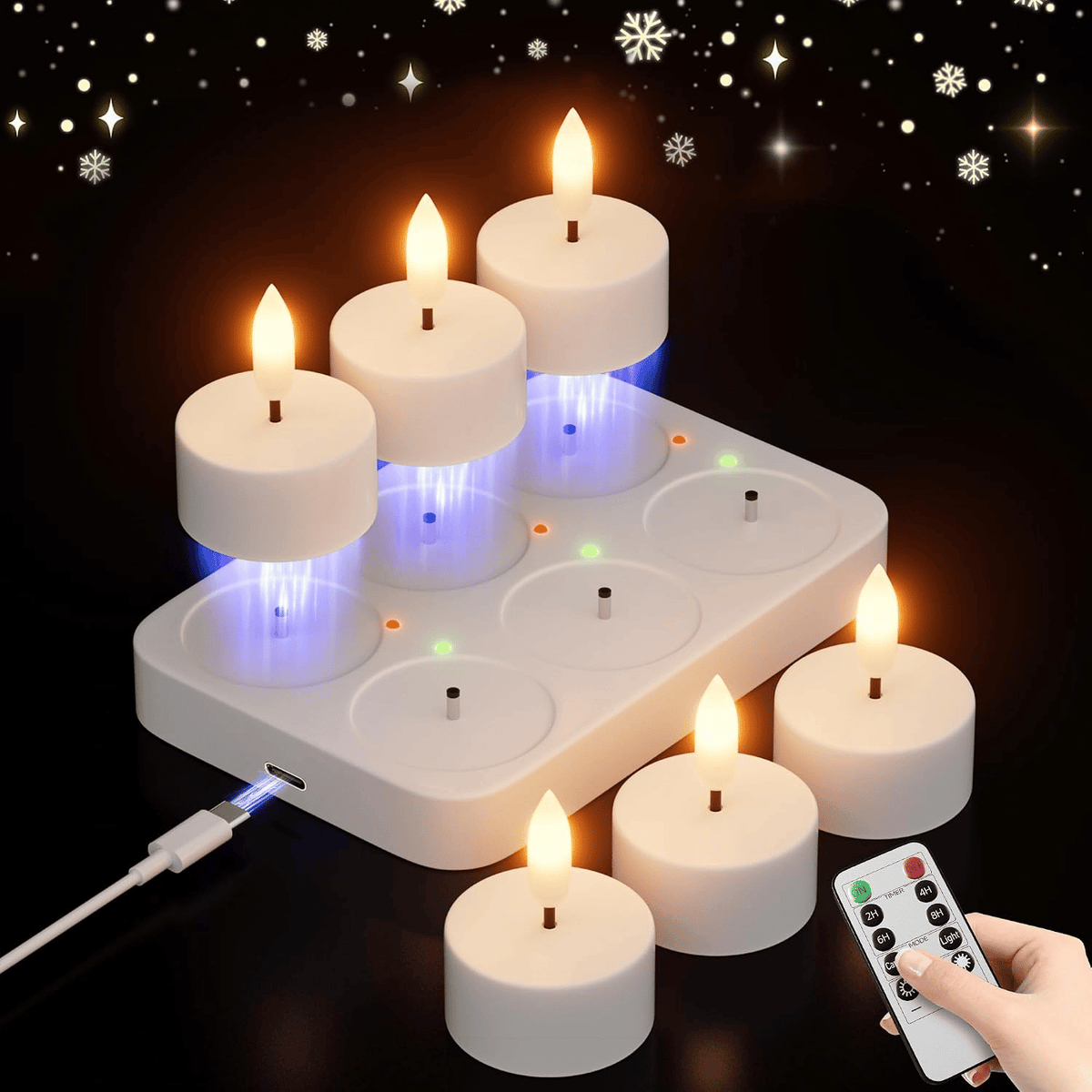 🕯️ Rechargeable Flameless LED Tea Lights – Flickering Candles with Charging Station & Remote