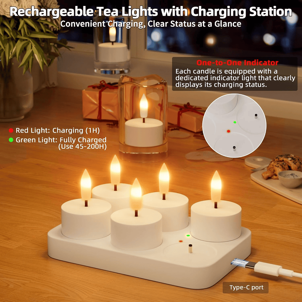 🕯️ Rechargeable Flameless LED Tea Lights – Flickering Candles with Charging Station & Remote