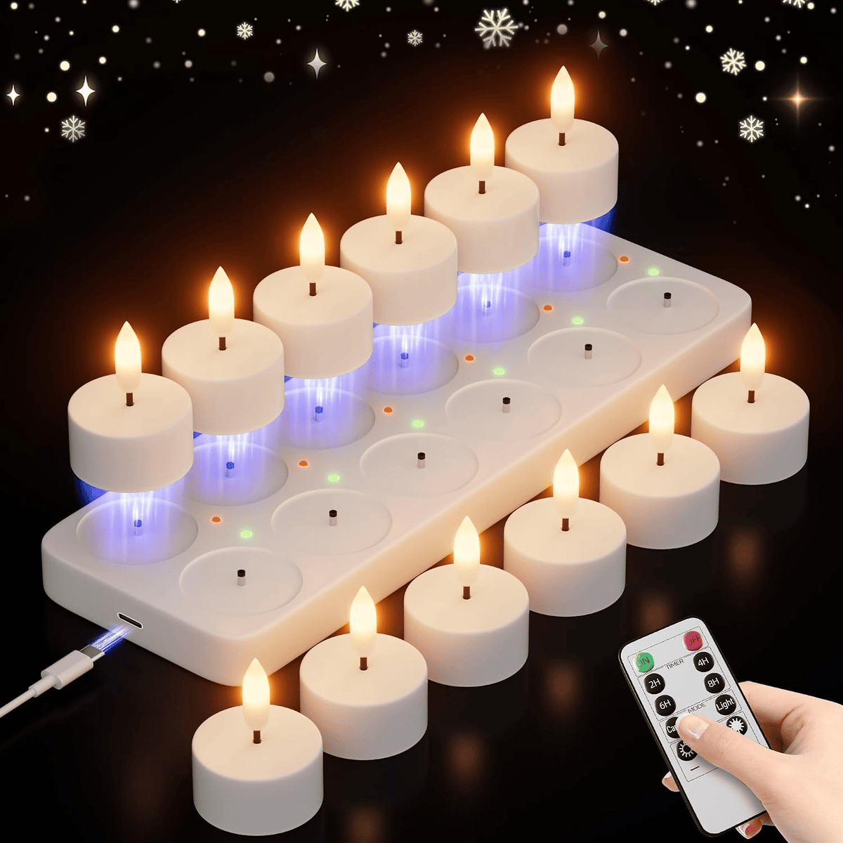 🕯️ Rechargeable Flameless LED Tea Lights – Flickering Candles with Charging Station & Remote